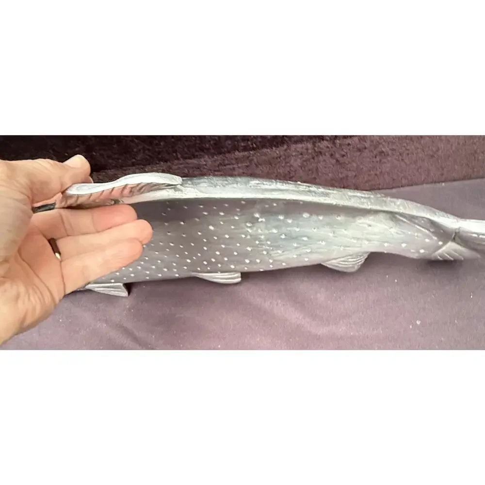 Vintage Cast Aluminum Silver Rainbow Trout Fish Shaped Serving Bowl Platter 21